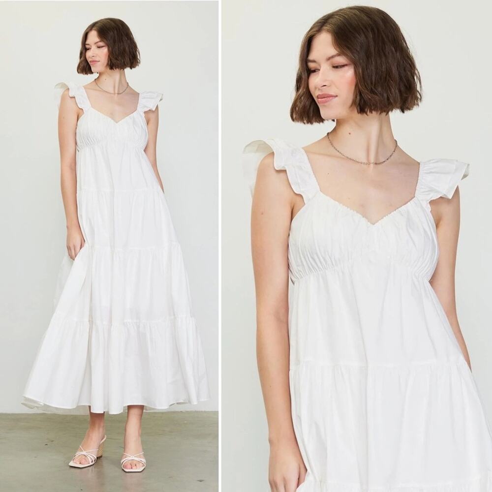 SKIES ARE BLUE Diana Poplin White Tiered Maxi Dress Ruffle Lightweight Lined XS